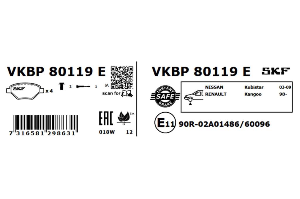 Jeu de 4 plaquettes de frein SKF ref. VKBP 80119 E